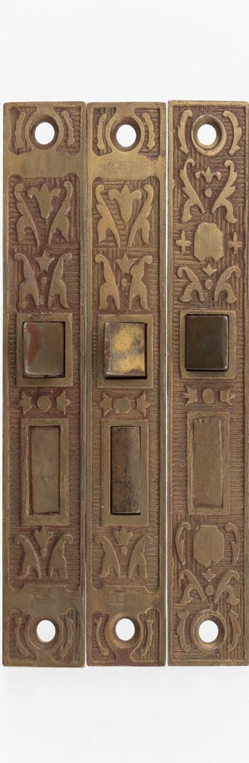 3 Matching Mortise Locks: Three matching passage door mortise locks...fronts are 5.25" x .75" and the ackset is 2.25"...good as found