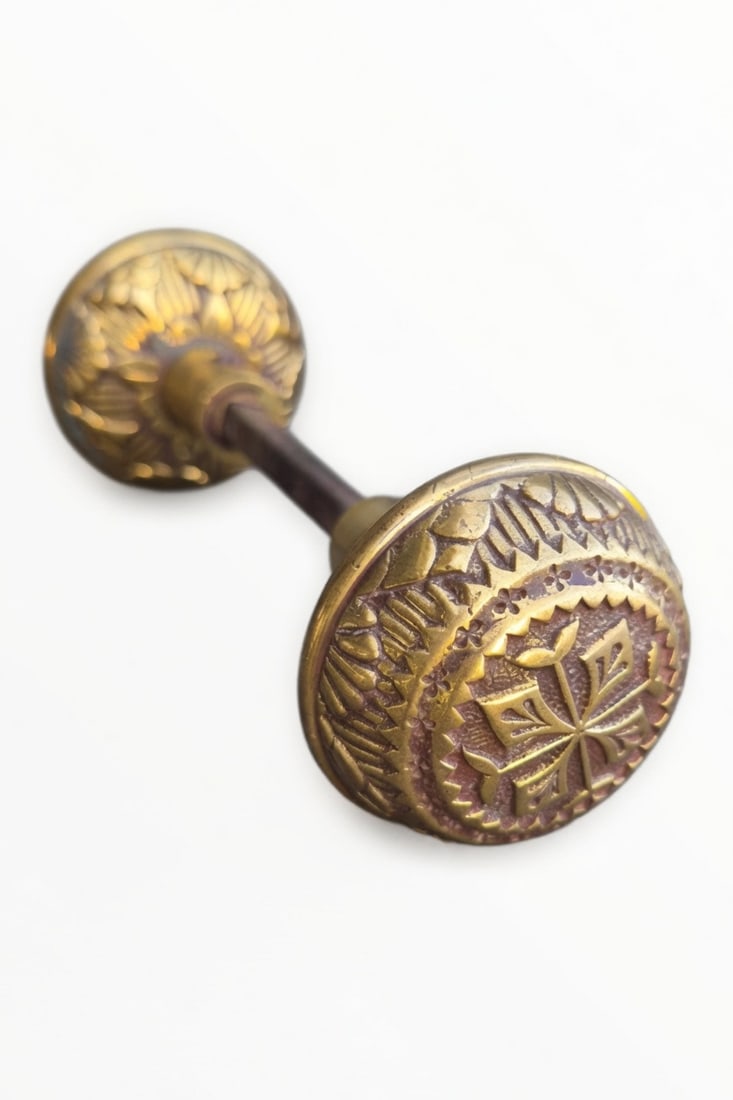Pair of Passage Knobs: Pair of brass passage knobs c. 1880s...note the decoration on the reverse...nice as found...