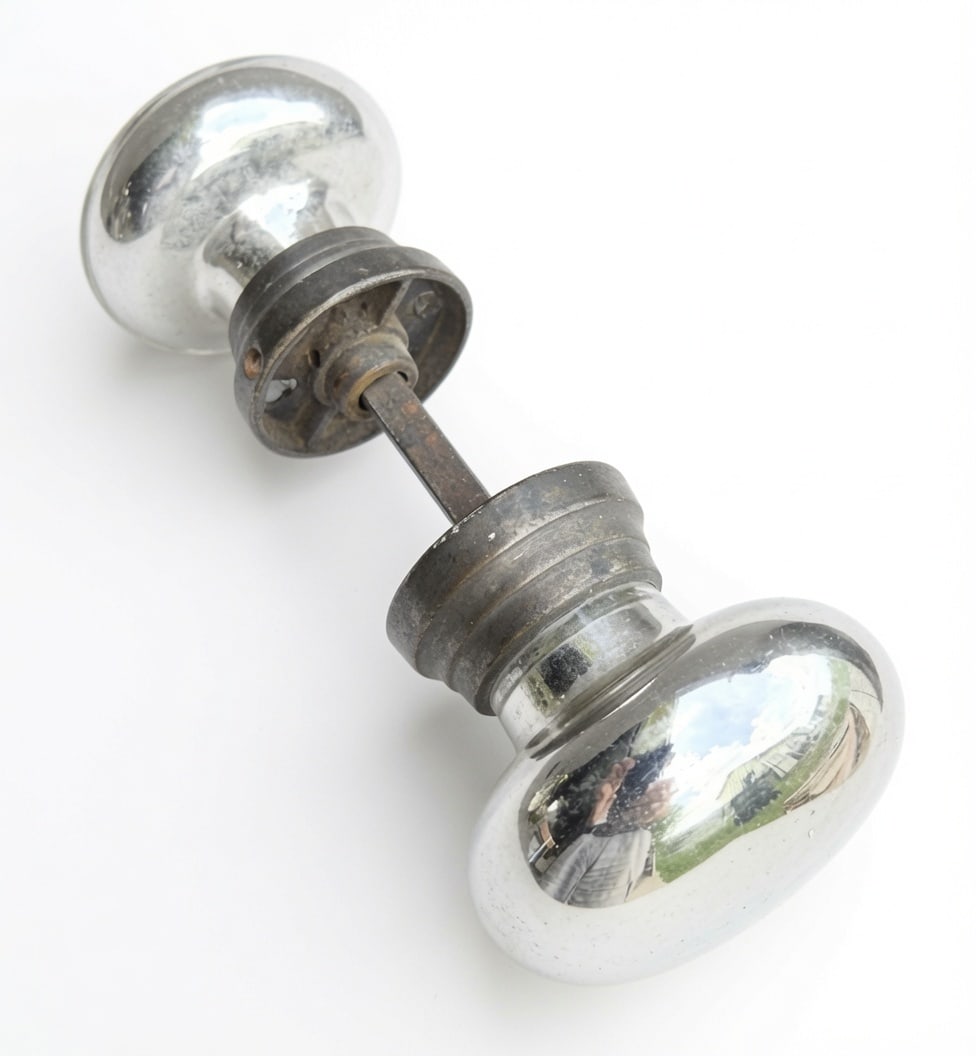 Mercury Glass: Entry and passage size "mercury" glass knobs c. 1870s...likely Nashua...more likely silver nitrate uses for mirrors...not the tapered shanks and the split spindle...good as found