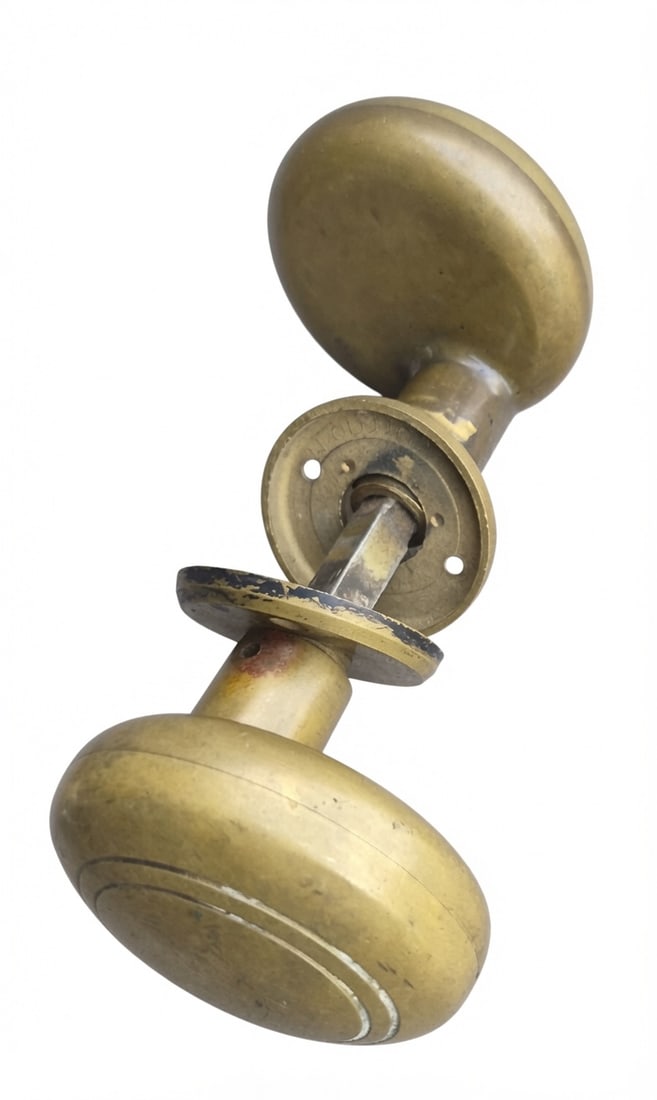 Clown Shoe Doorknobs: Could be wrong here but my thought is "Who but the English would come up with this design?" "Knobs"are pssage size...construction says mid-20th, C...compare the spindle to lot 55: good old ideas