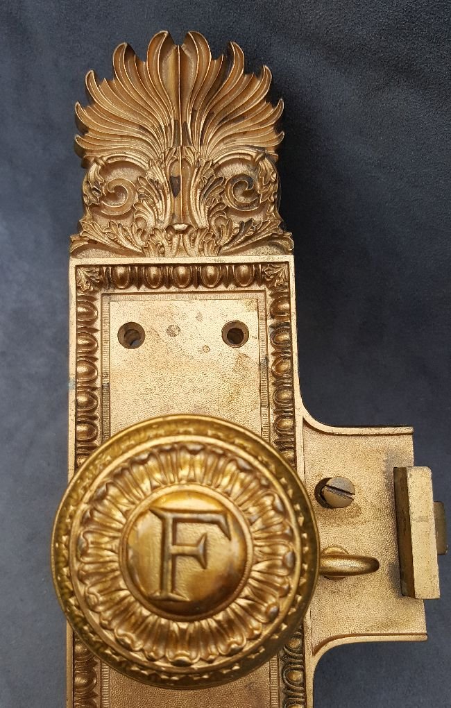Corbin Unit Lock: Corbin Unit Lock from the Fitch building in Chicago and featuring a very nice emblematic knob with the letter “F”…also note the powerful classic decoration on the plate…dimensions are 13.5” 