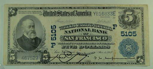 1902 5 National Currency Note Wells Fargo Nevada