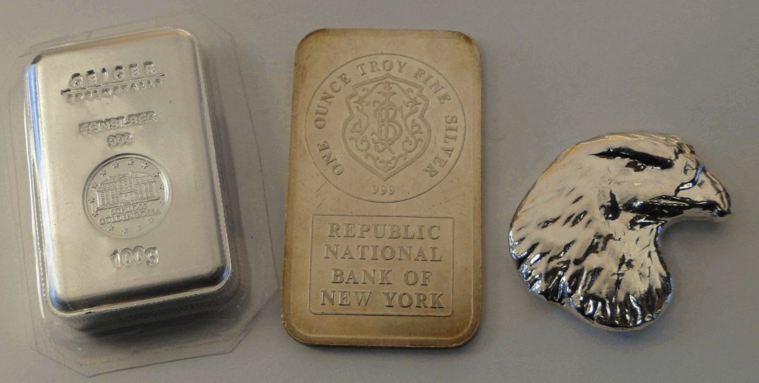Lot of three .999 silver bullion bars includes Geiger 1: Lot of three .999 silver bullion bars includes Geiger 100 gram, Eagle Head 1oz. & Republic National Bank 1oz. Approx 5.21oz. total weight.