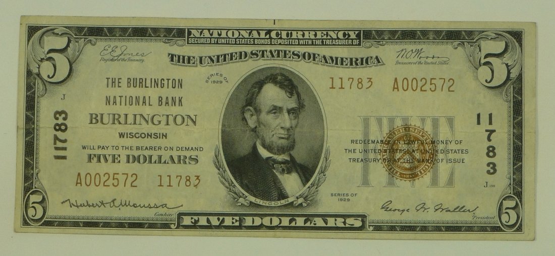1929 Ty.2 $5 National Currency Note - The Burlington Na (1 of 2)