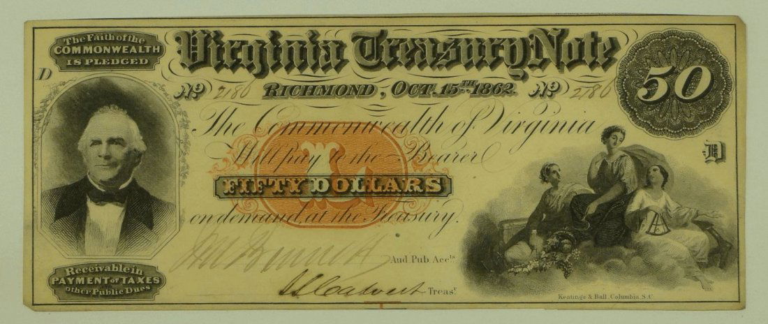 Obsolete Note: 1862 $50 Virginia Treasury Note - Richmo (1 of 2)