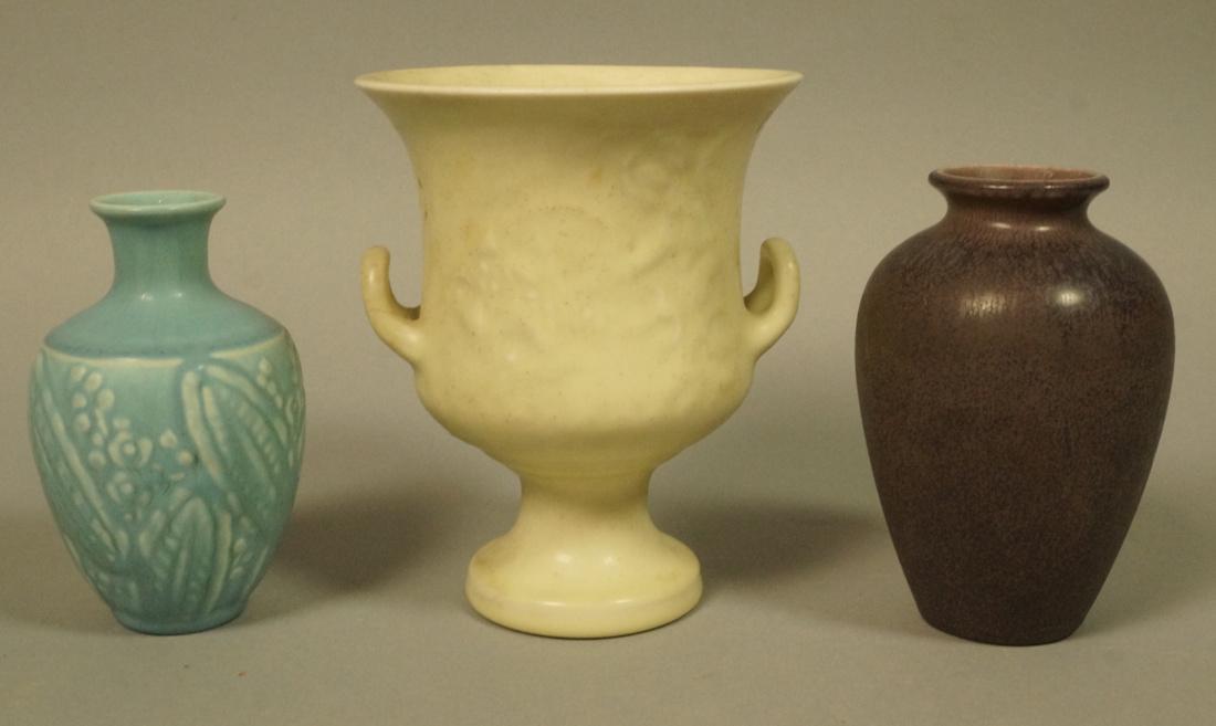 3pcs ROOKWOOD Pottery Vases. 1). Small blue glaze (1 of 5)