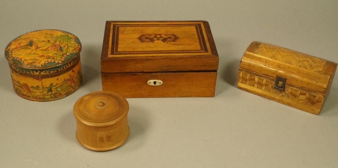 4pc Antique Wood Boxes. 1) Inlaid Hinged lid box. (1 of 6)