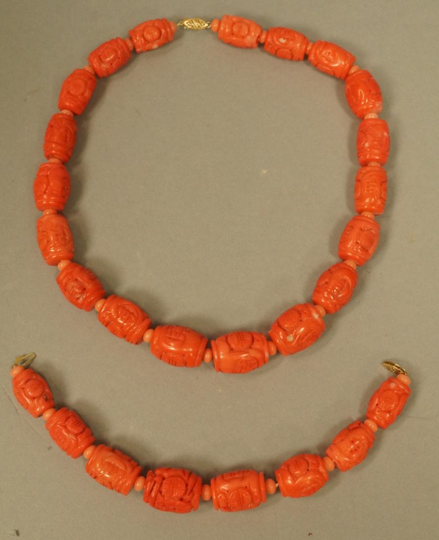 Large Barrel form Carved Coral bead necklace & br (1 of 4)