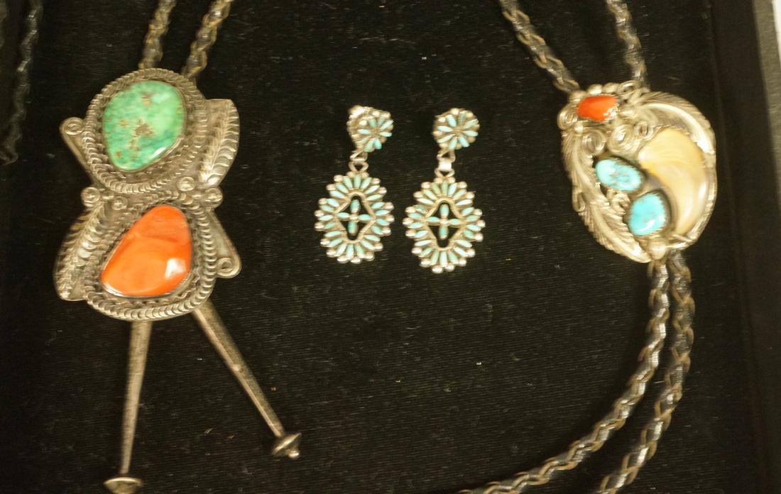 3pc American Indian Jewelry Lot. 1) Bolo tie with (1 of 4)