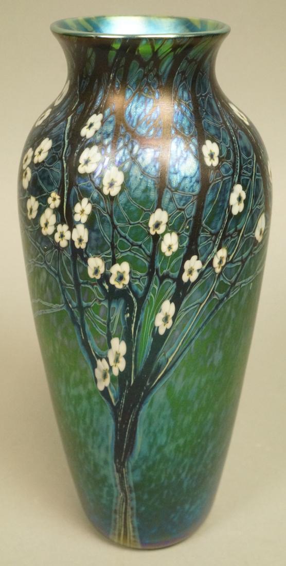 ORIENT & FLUME Art Glass Vase. 1980. Blue & purpl: ORIENT & FLUME Art Glass Vase. 1980. Blue & purple iridescent glass with white cherry blossom flowers. Marked & 890. -- Dimensions: H: 9.25 inches: W: 4 inches: D: 4 inches --- US Shipping charge: $35