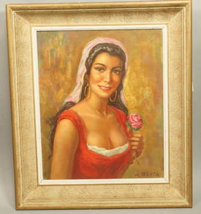 ALBERT GENTA Oil Portrait Painting. "Woman in Red: ALBERT GENTA Oil Portrait Painting. "Woman in Red Dress with Rose" O/C. Signed Genta. -- Dimensions: Image Size: H: 17.5 inches: W: 14.5 inches ---