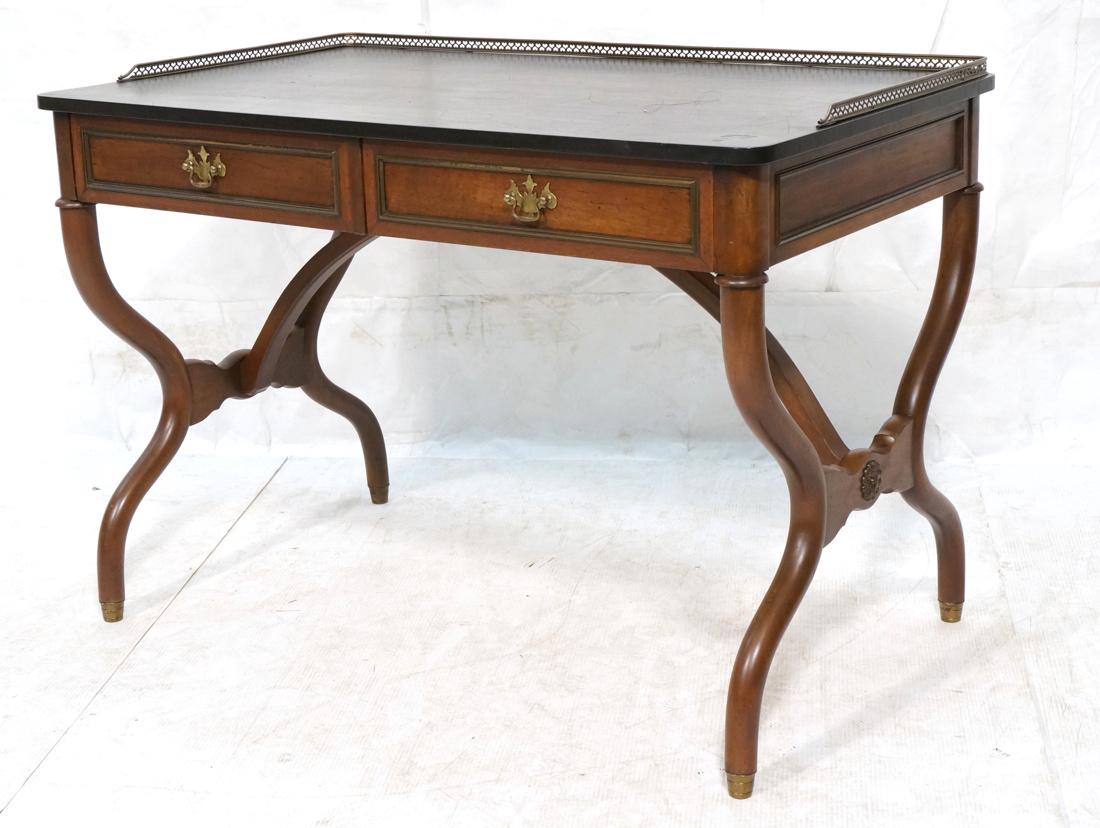 KITTINGER Writing Desk. Ebonized Wood Top with br: KITTINGER Writing Desk. Ebonized Wood Top with brass gallery trim. Shaped legs. Marked. KITTINGER Buffalo. -- Dimensions: H: 30 inches: W: 44 inches: D: 26 inches ---