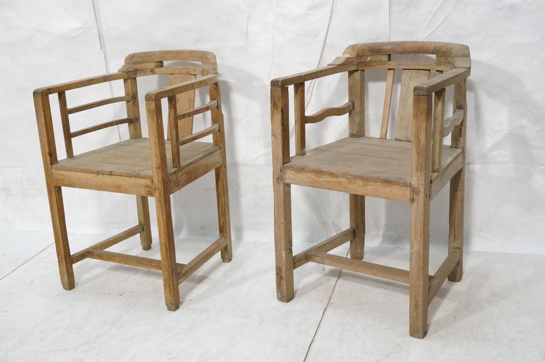 Set 2 Asian Natural Wood Arm Chairs. Slat seat. C (1 of 10)