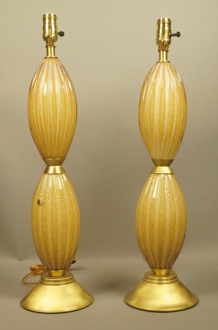 Pr Murano Art Glass Table Lamps. Two gold ovoid f (1 of 8)
