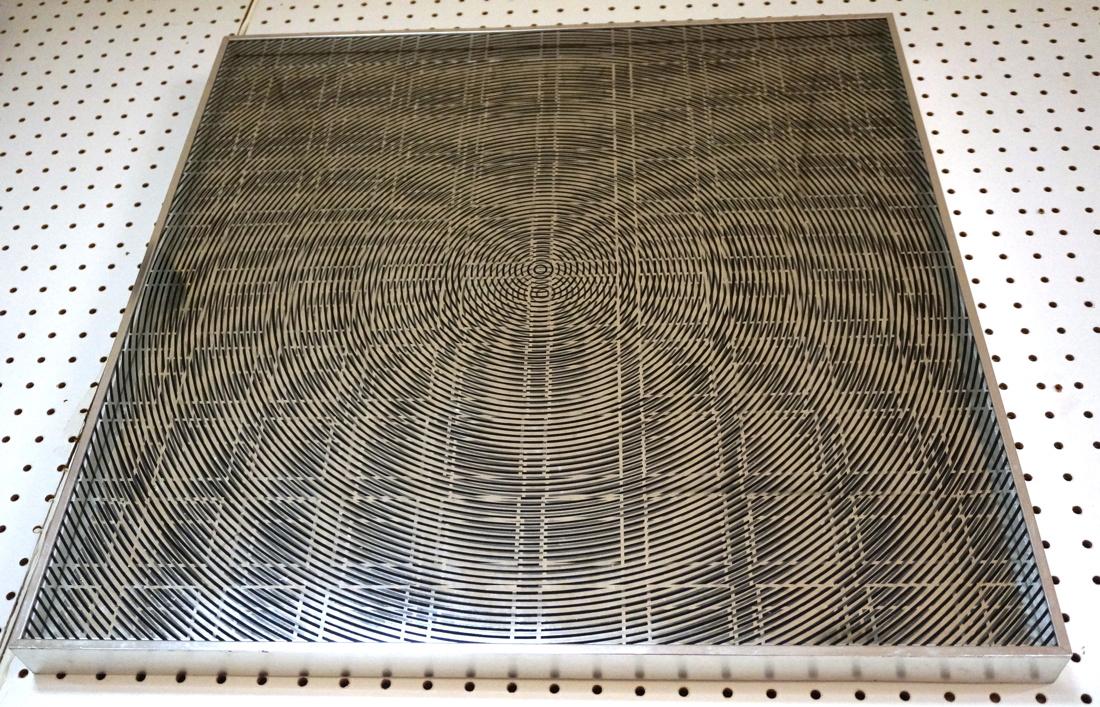 Op Art Wall Art. Multilayered plexi panels with b: Op Art Wall Art. Multilayered plexi panels with black line graphics creates op art swirls. Chrome frame-- Dimensions: H: 24.5 inches: W: 24.5 inches ---