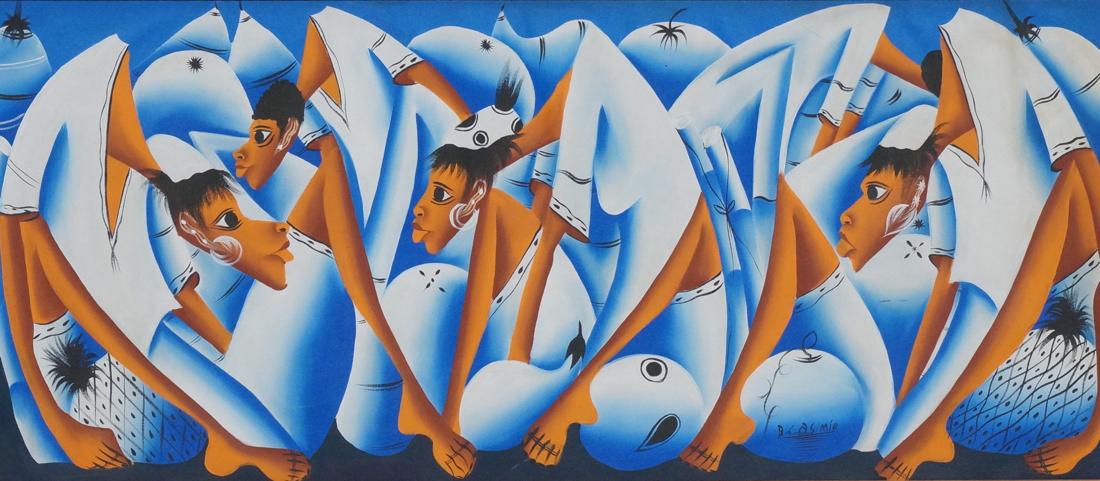 B. CASIMIR Haitian Oil Painting. Acrobatic women.: B. CASIMIR Haitian Oil Painting. Acrobatic women. Blue and white palette. Signed. Faux bamboo frame-- Dimensions: Image Size: H: 19.5 inches: W: 47 inches ---