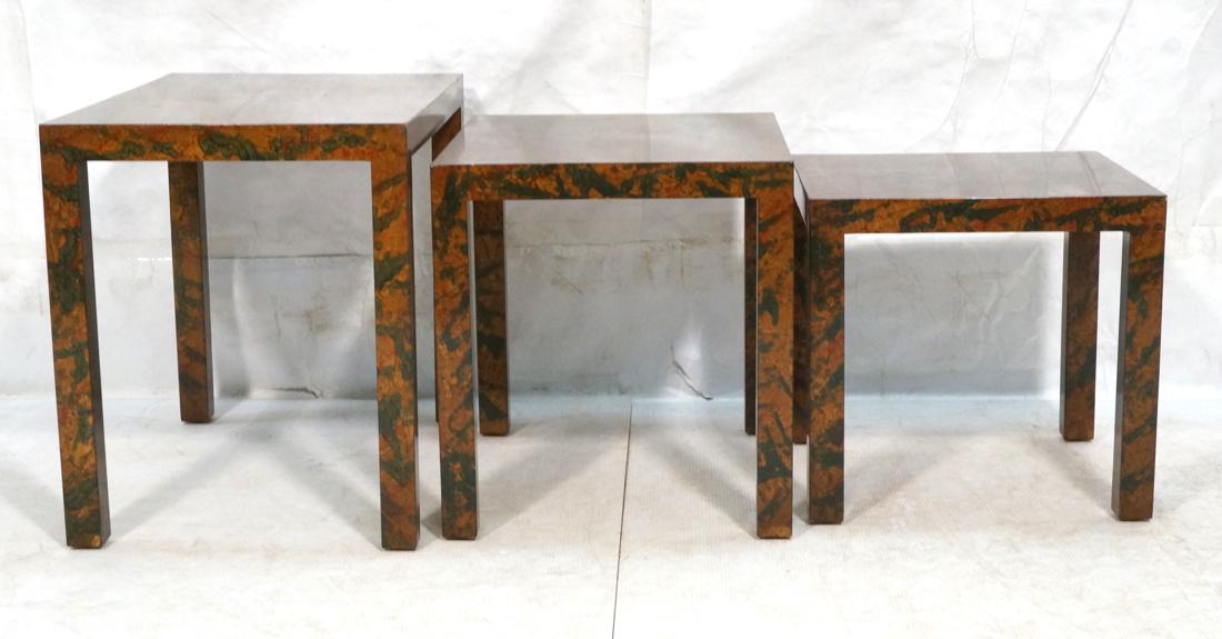 Set 3 Baker style Lacquered Oil Spot Nesting Tabl: Set 3 Baker style Lacquered Oil Spot Nesting Tables. Lacquered tortoise style finish. Not marked.-- Dimensions: H: 24.25 inches: W: 30 inches: D: 20 inches ---