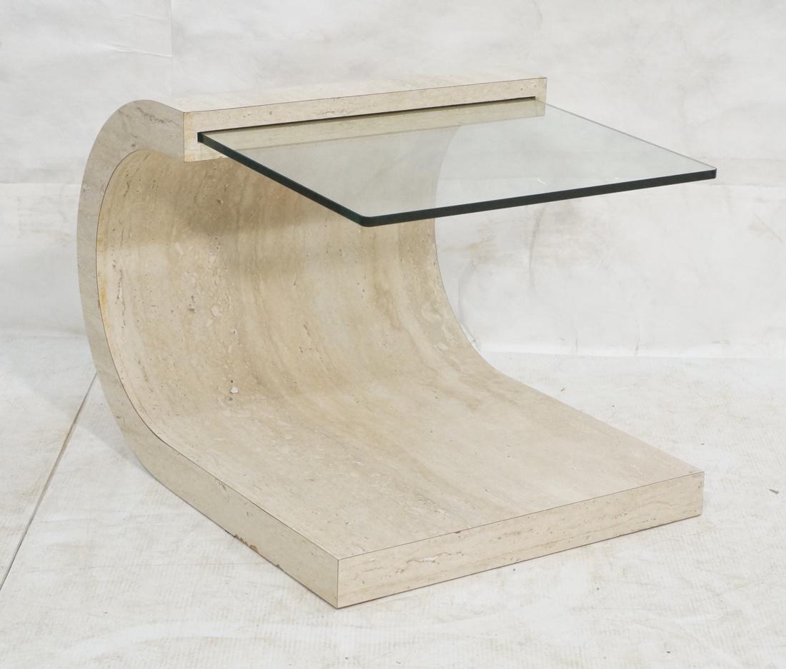 Faux Travertine Laminate & Glass Side Table. Bowe: Faux Travertine Laminate & Glass Side Table. Bowed form with cantilever glass.-- Dimensions: H: 20.75 inches: W: 28.75 inches: D: 22.5 inches ---