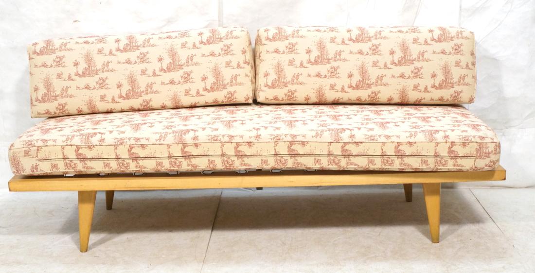 Blond Maple Modernist Day Bed. Cushion seat with: Blond Maple Modernist Day Bed. Cushion seat with wedge cushion back. No back support. Raised on tapered legs.-- Dimensions: H: 33 inches: W: 74 inches: D: 34 inches ---