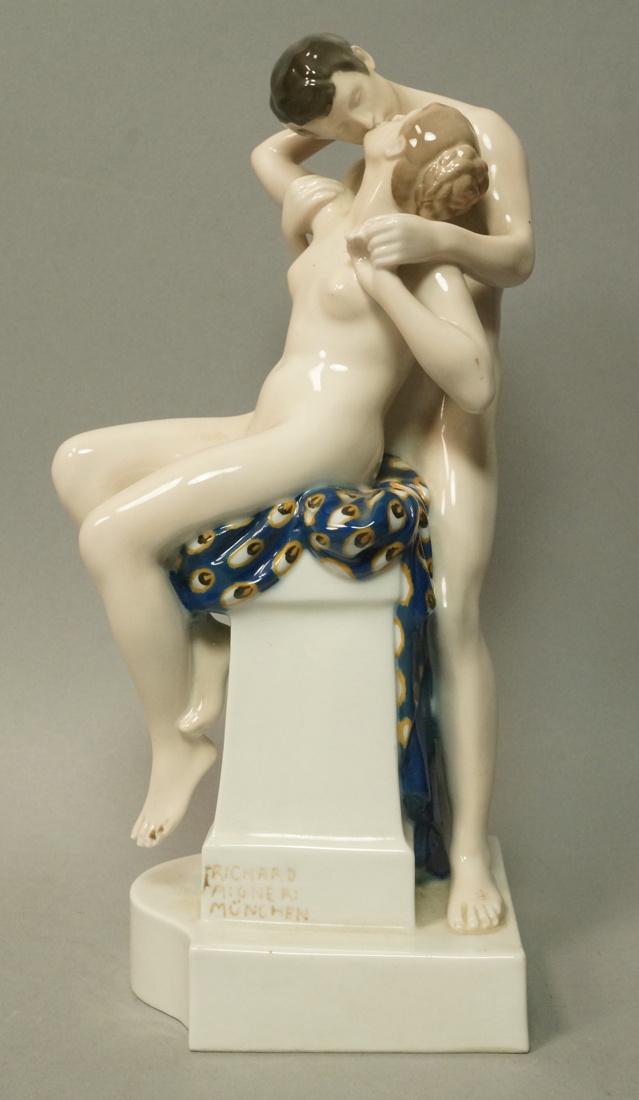 ROSENTHAL German Art Deco Porcelain Figural Group: ROSENTHAL German Art Deco Porcelain Figural Group. RICHARD EIGNERS MUNCHEN, signed. Nude couple embracing and kissing. Marked, signed.-- Dimensions: H: 10 inches: W: 4 inches: D: 5 inches ---