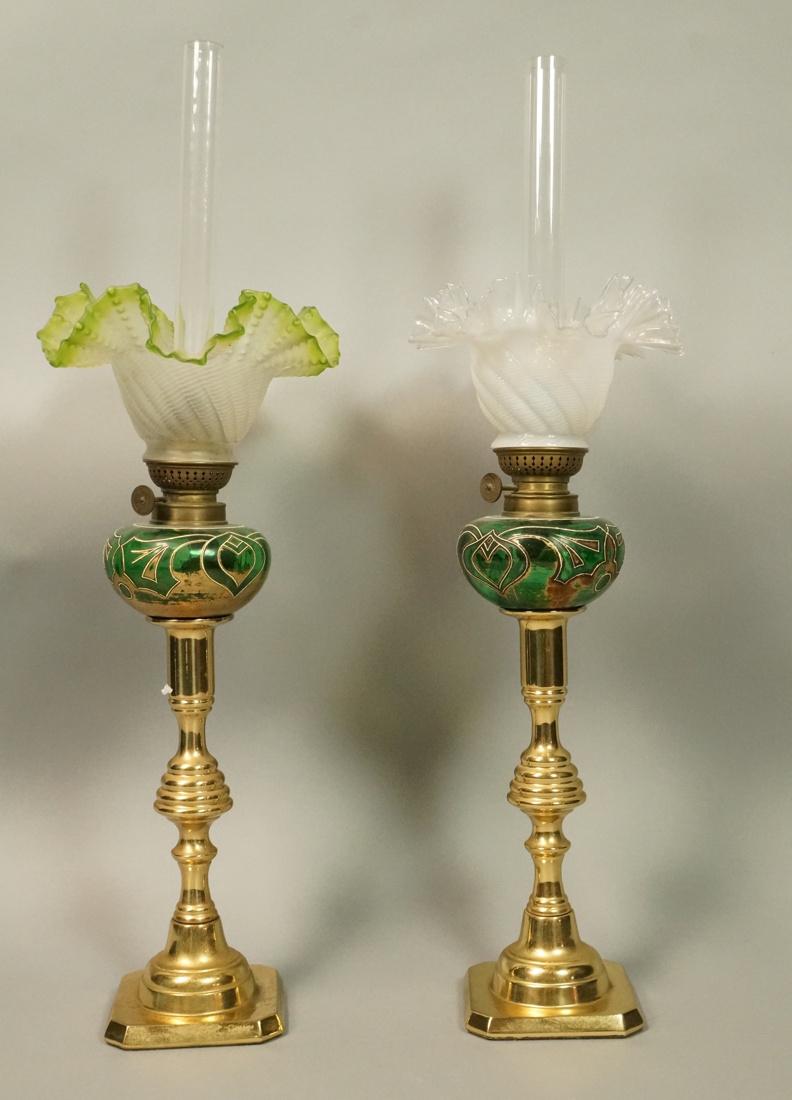 Pr Brass Oil Peg Lamps. Matching sticks & glass w (1 of 10)