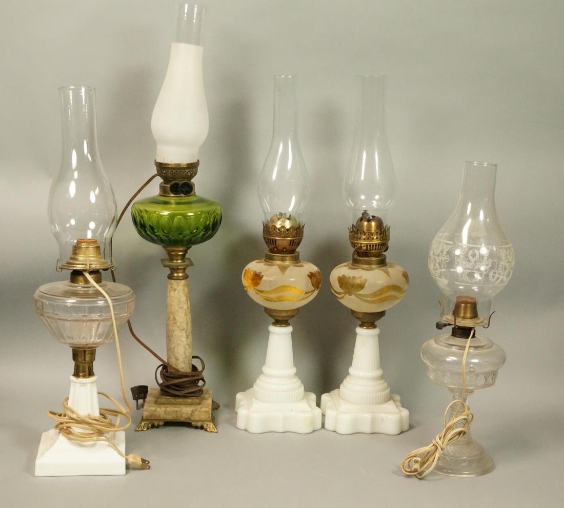 5pc Oil Lamps. Three have milk glass bases. One m (1 of 9)