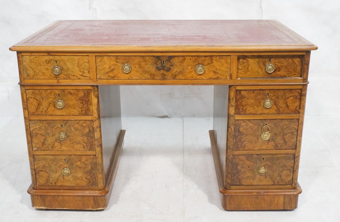 Antique Burl Wood Leather Top Desk. Red Leather. (1 of 7)