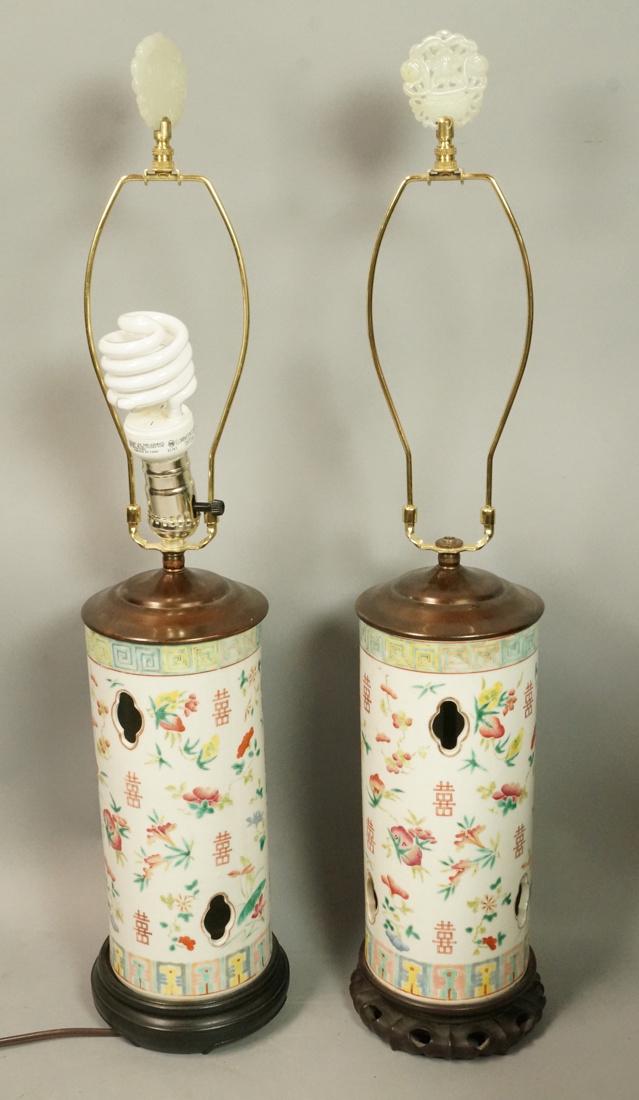 Pr  Asian Stoneware Column Table Lamps. Hand Pain (1 of 6)