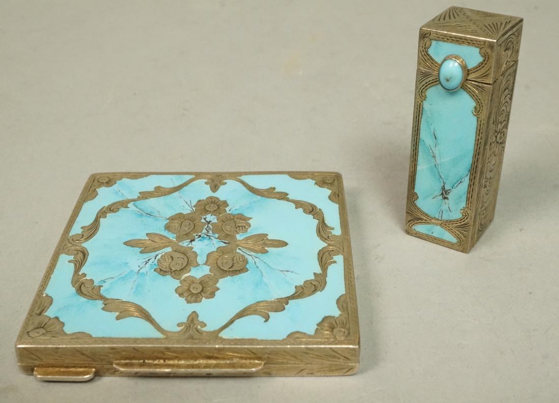2pc Silver & Turquoise Enamel Ladies Makeup Set. (1 of 7)