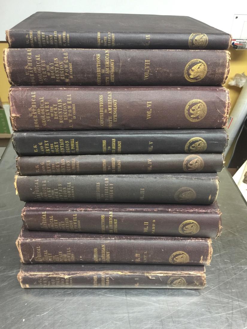 9pcs Contributions to North American Ethnology.Ge: 9pcs Contributions to North American Ethnology.Geographical & Geological Survey Rocky Mountain Region. Powell. 1881. Illustrated with chromolithographs and heliographs. Includes volumes I, II part 1, 