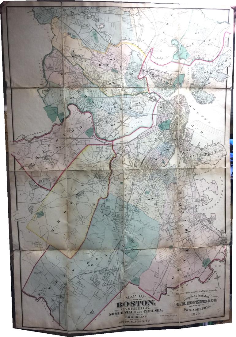 1874 Map of Boston. GM Hopkins. This map includes: 1874 Map of Boston. GM Hopkins. This map includes portions of cities around Boston such as Cambridge, Charleston, Somerville, Chelsea, Brighton, Brookline, West Roxbury, Dorchester, and South Boston. 