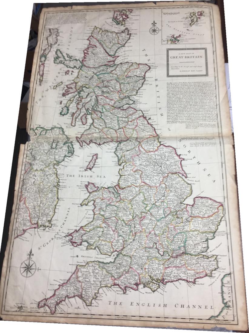 Herman Moll A New Map of Great Britain 1717. Titl: Herman Moll A New Map of Great Britain 1717. Title: 'A New Map of Great Britain According to the Newest and Most Exact Observations'. A large and very intricate map of the British isles with coloured 