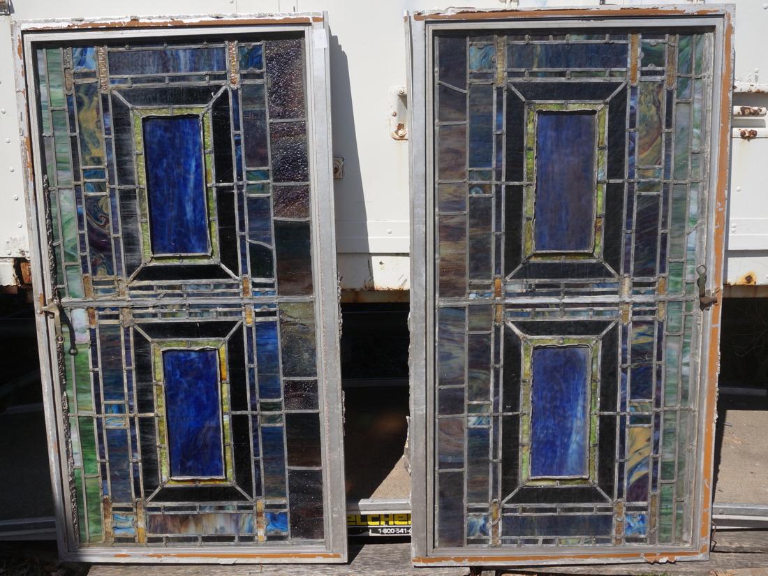 2pc Antique Leaded Glass Windows mounted in alumi (1 of 8)