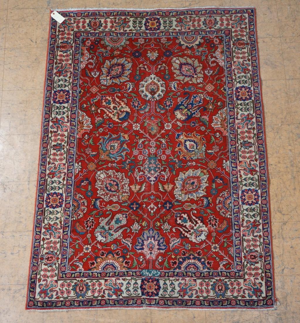 4'6 x 6'5 Inhduri Handmade Oriental Carpet . Flo: 4'6 x 6'5 Inhduri Handmade Oriental Carpet . Floral red field.-- Dimensions: ---