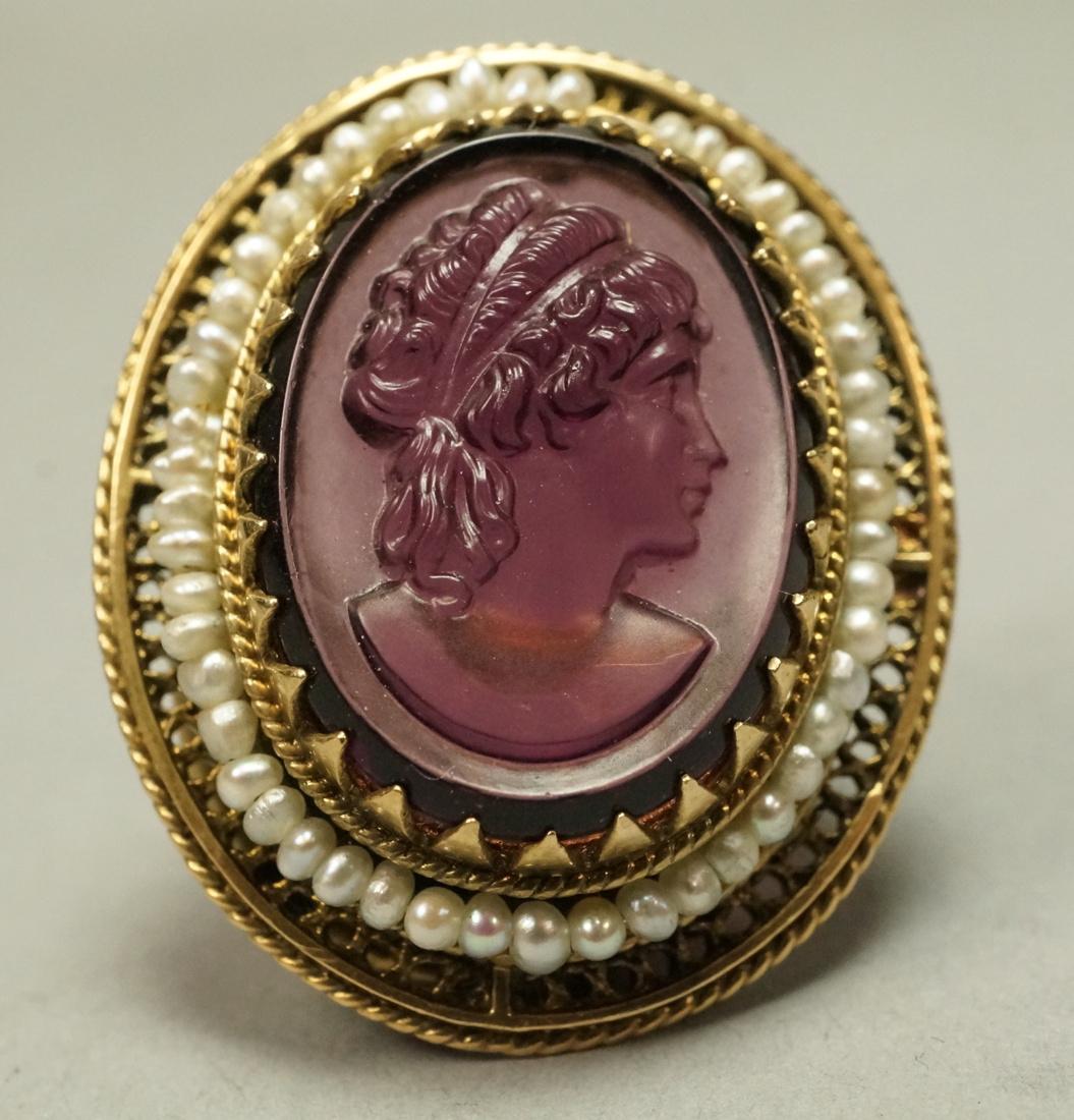 Purple glass intaglio Gold Ladies Ring. Molded gl (1 of 5)