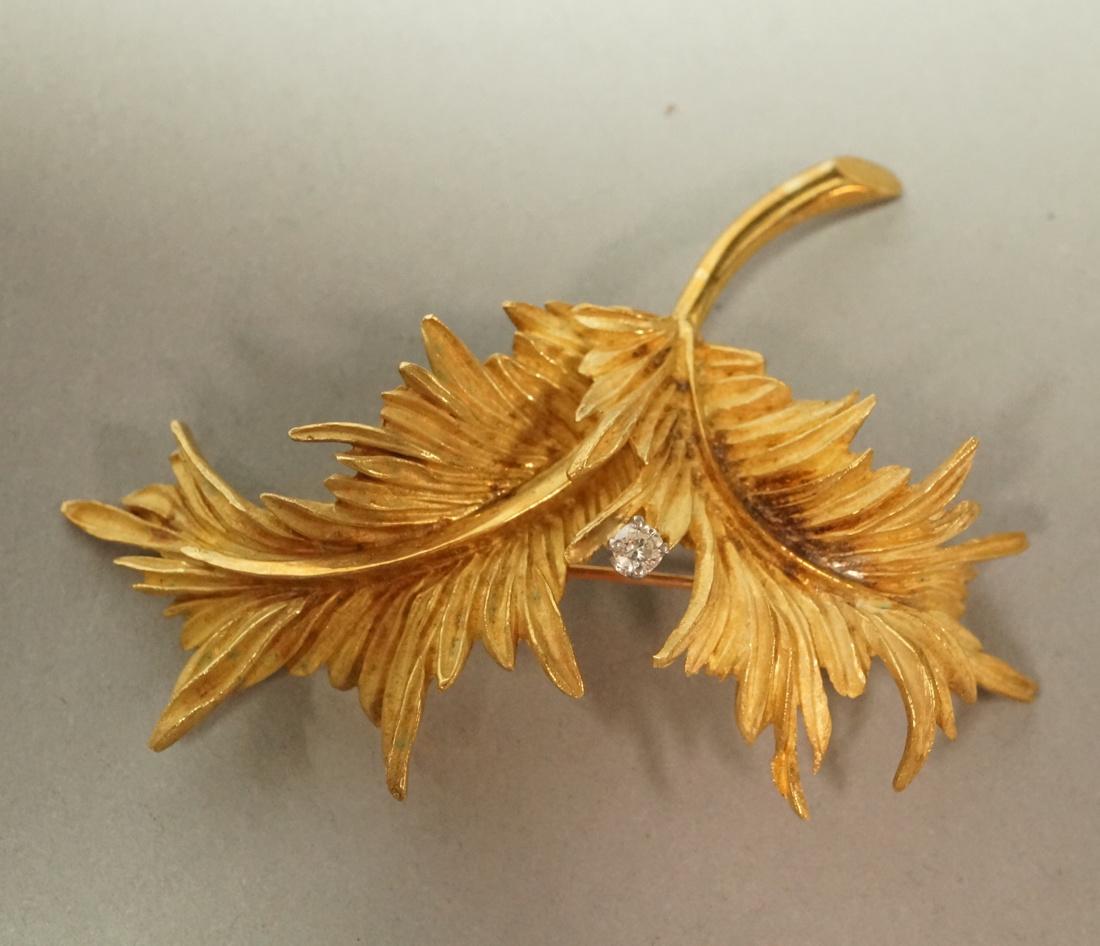 18K YG Gold Double Leaf Brooch. Small Diamond. Ma (1 of 7)