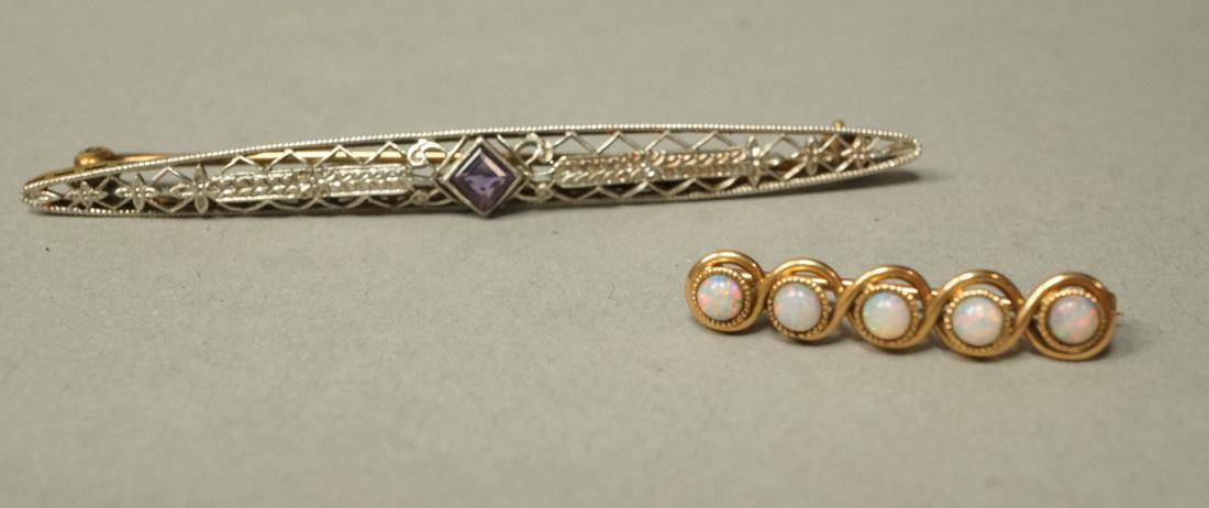 Two 14K Gold Bar Pins. 1). Small YG pin with smal (1 of 7)