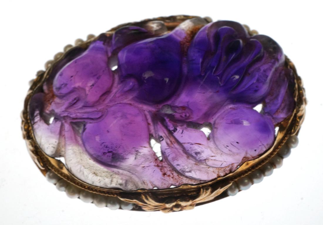 14K Gold Carved Amethyst Asian style Pin Brooch. (1 of 5)