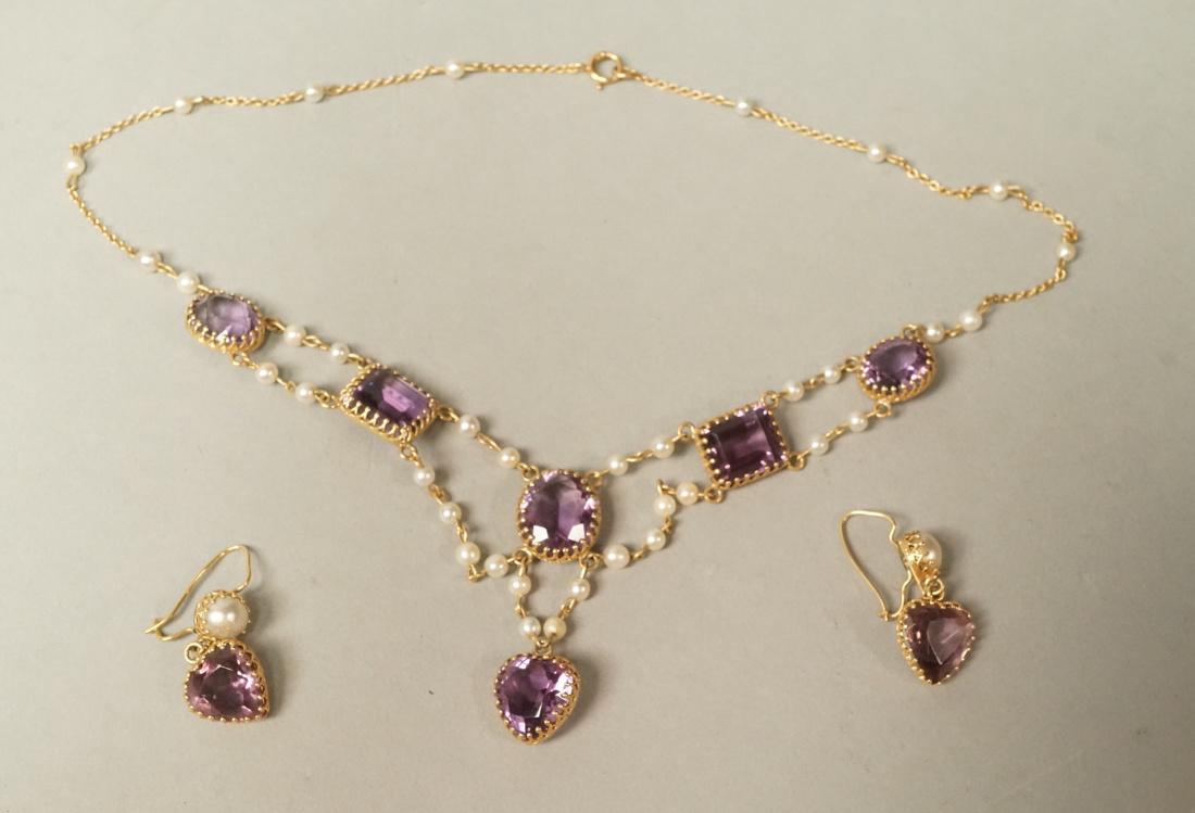 14K Gold Faceted Amethyst Pearl Necklace Earrings (1 of 10)