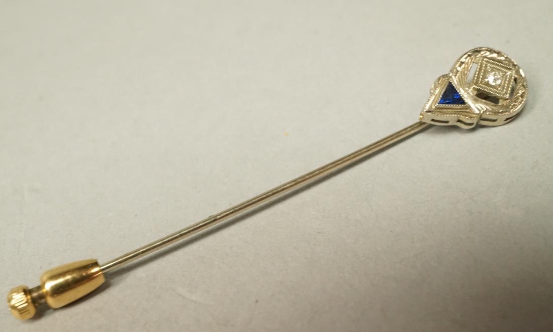 18K White Gold Art Deco Sapphire Diamond Stickpin: 18K White Gold Art Deco Sapphire Diamond Stickpin. Marked 18K. -- Dimensions: H: 2.5 inches--- Weight: 1.1 DWT --- US Shipping charge: $10