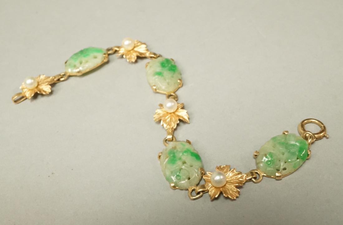 Carved Jade 14K Gold & Pearl Link Bracelets. Test (1 of 7)