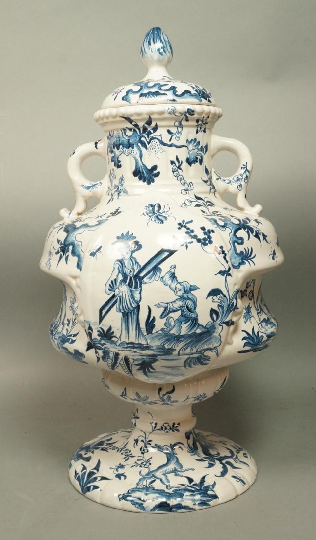 Large Blue & White Glazed Lidded Urn. Marked A.L. (1 of 10)