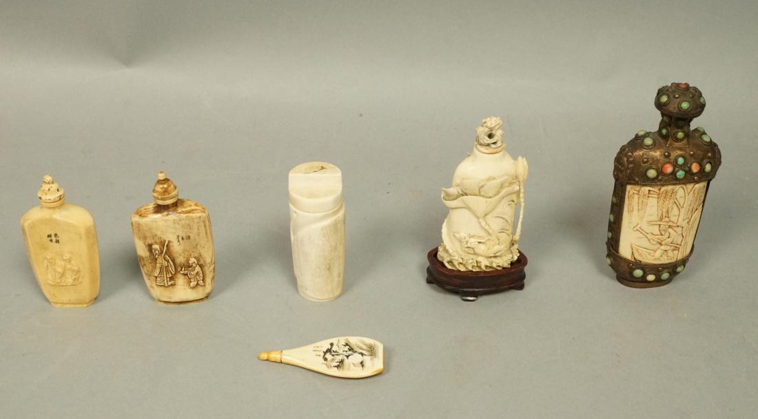 Lot 6 Chinese carved Snuff Bottles. One with meta (1 of 7)