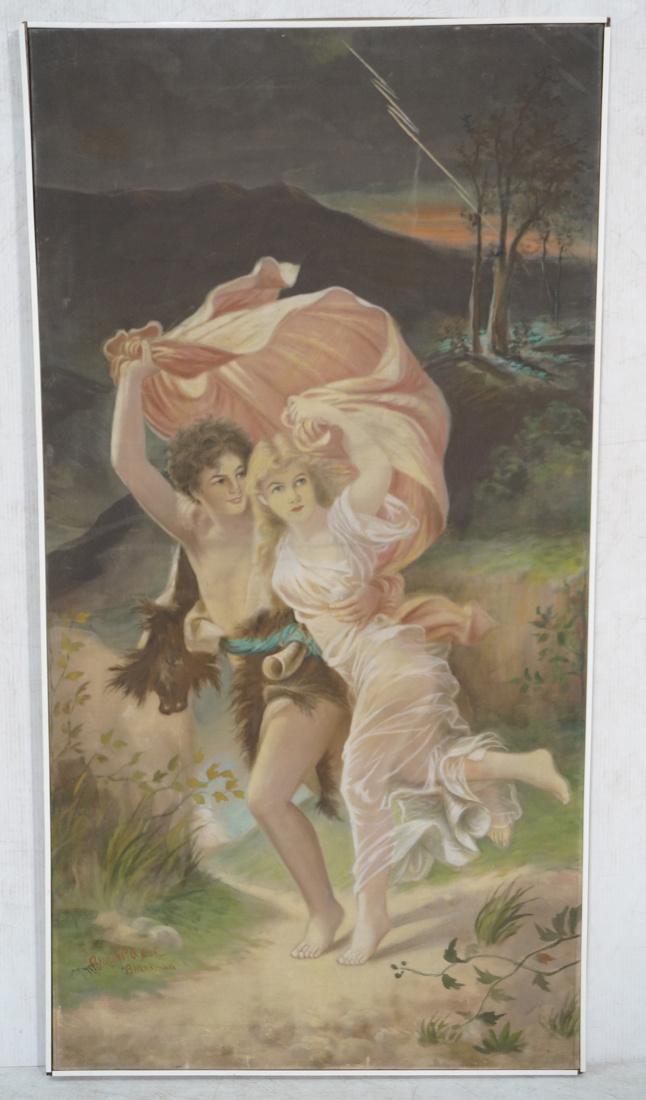 Oil Painting after P. A. BLANKMAN. Mythological S: Oil Painting after P. A. BLANKMAN. Mythological Scene of Young Lovers running for cover from thunder storm. Signed after Blankman. -- Dimensions: Image Size: H: 53 inches: W: 18 inches ---