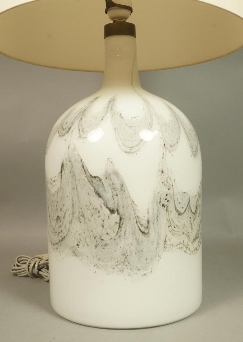 HOLMEGAARD Large Marbled Art Glass Lamp. Fabric s: HOLMEGAARD Large Marbled Art Glass Lamp. Fabric shade with diffuser. Symmetrisk. 2 HOLMEGAARD labels.-- Dimensions: H: 30 inches: W: 15.25 inches ---