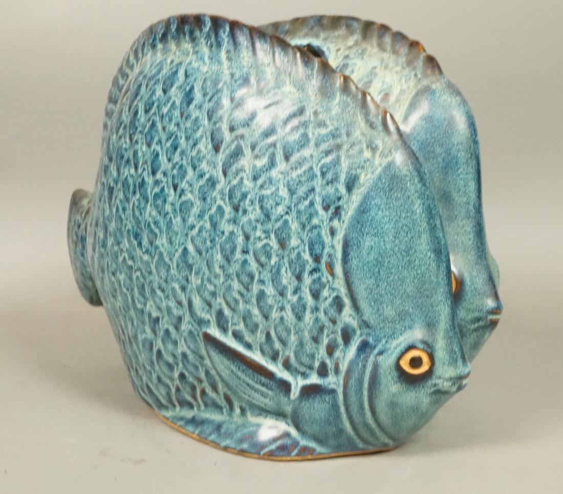 Blue Glazed Double Fish Ceramic Vessel Vase. Mott (1 of 6)