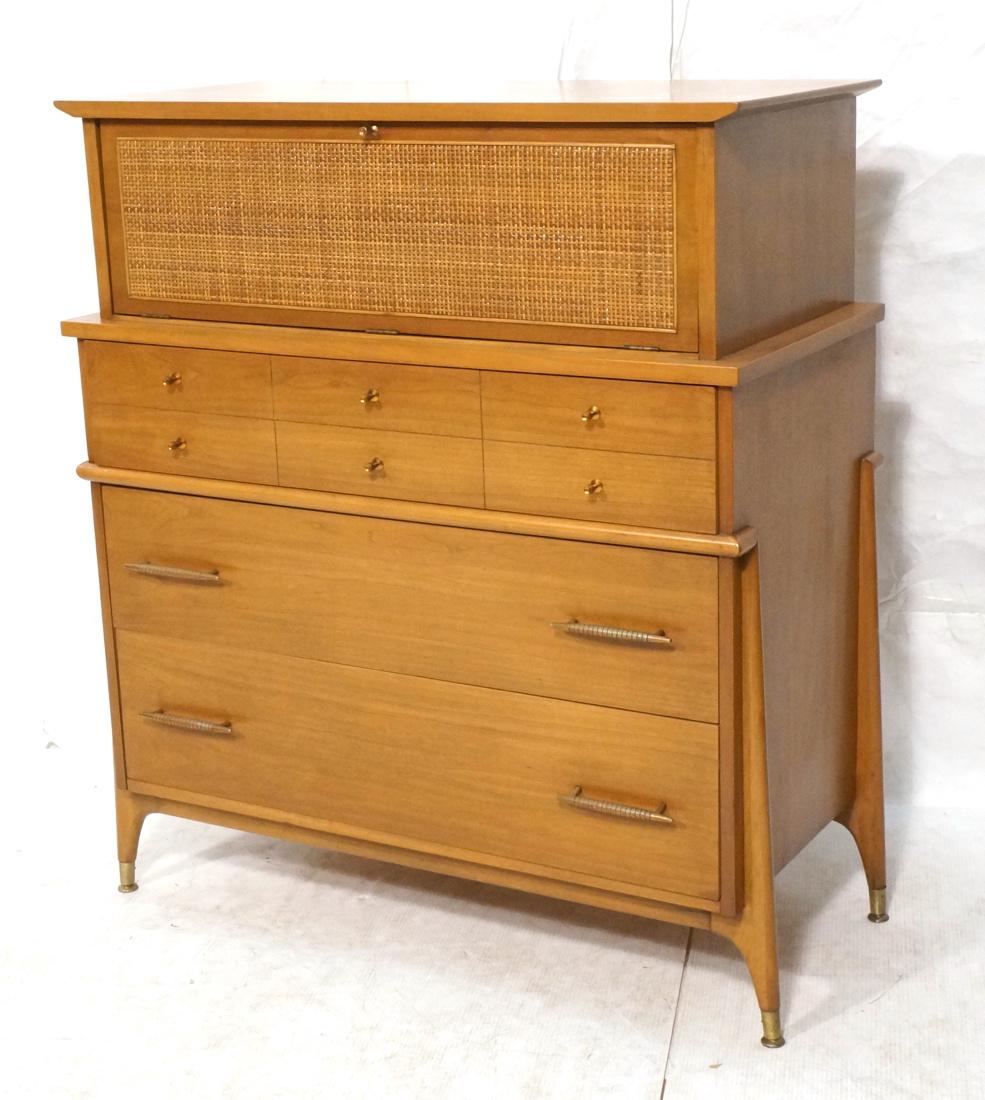 Tall Gentleman's Chest. Caned Drop Front. Unique: Tall Gentleman's Chest. Caned Drop Front. Unique copper finish metal drawer pulls on three drawers. -- Dimensions: H: 44.5 inches: W: 37.5 inches: D: 18.5 inches ---