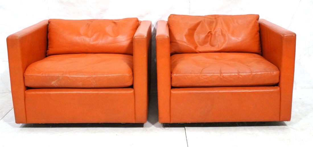 Pr KNOLL Red Orange Leather Cube Lounge Chairs. D (1 of 10)