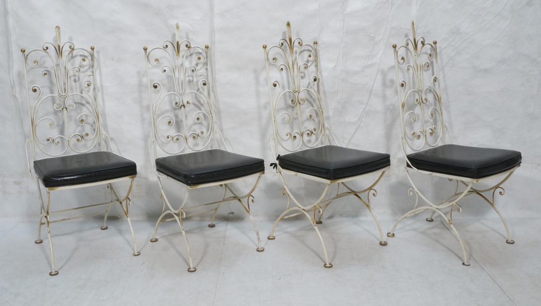Set 4 White Iron Fancy Tall Back Dining Chairs. S: Set 4 White Iron Fancy Tall Back Dining Chairs. Sparkly vinyl Seat cushions. Brass balls and gold painted highlights. -- Dimensions: H: 46 inches: W: 17 inches: D: 19 inches ---