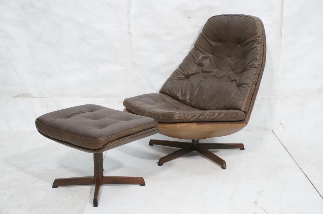 Madsen and Schubel ms68 chair Brown Leather Loung: Madsen and Schubel ms68 chair Brown Leather Lounge Chair & Ottoman. Danish swivel, rocking lounge chair on teak frame. Tufted leather. Ottoman adjusts to tilt. Made in Denmark.-- Dimensions: H: 35 inc